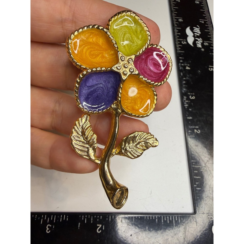 Gold Tone Multi Color Enamel Flower Brooch Pin Pearlescent Petals Floral Jewelry